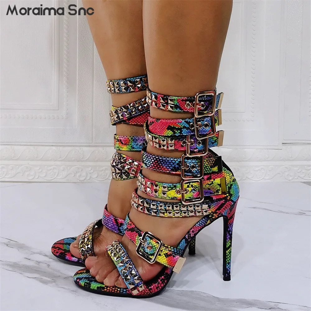 

Colorful Snake Pattern Rivet Sandals Belt Buckle Ankle Buckle Round Toe Sexy Sandals Stiletto Heels Large Size Women's Shoes