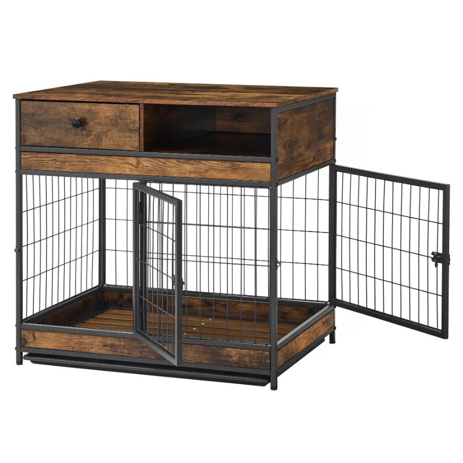 Dog Crate Rustic Brown 31.5Wx22.64Dx30.59H Double Doors Furniture Cage