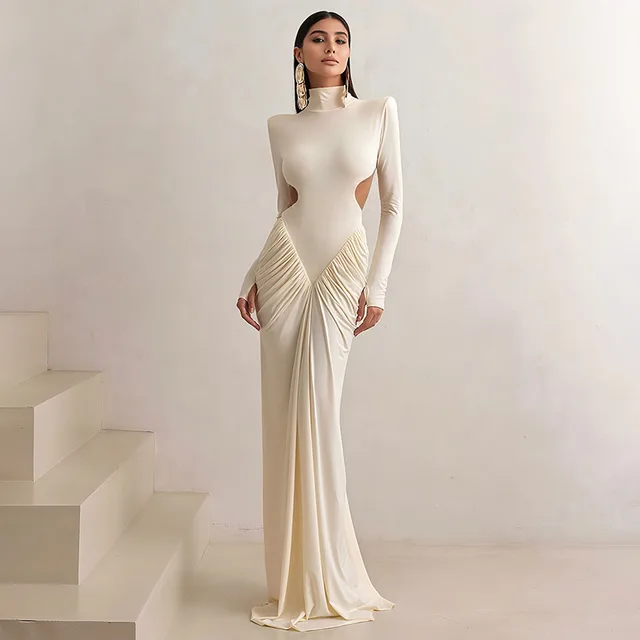 2025 Autumn Backless Maxi Dress Women Shoulder Pads Long Sleeve Waistless Peach Buttocks Ruched Elegant Banquet Skinny Vestidos 1
