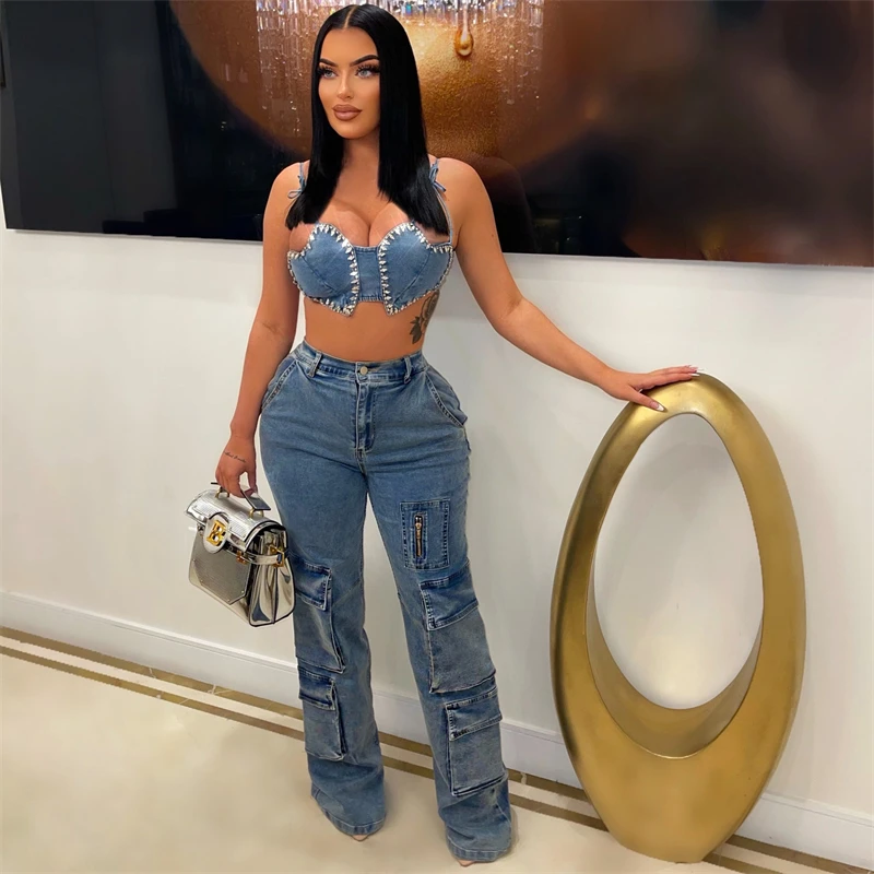 

Organ Pockets Jeans Cargo Pants Women Trendy Elastic Waist Button Fly Zipper Straight Casual Denim Trousers Female Streetwear