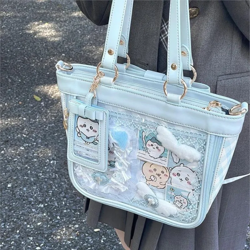 JIAERDI Japanese Sweet Cute Tote Bag Women Anime Merch Plaid Transparent Ita Bag Ladies Campus JK Style Large Capacity Handbag