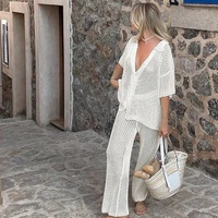 New Style Loose Short Sleeve Top Knitted Hollow Out Pants Beachwear Cover Up Set Women's Beach Vacation Casual Sun Bathing Smock - Image 3