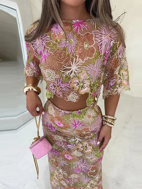 Alison Sparkly Sequin Lace Sheer Long Skirt Set 1