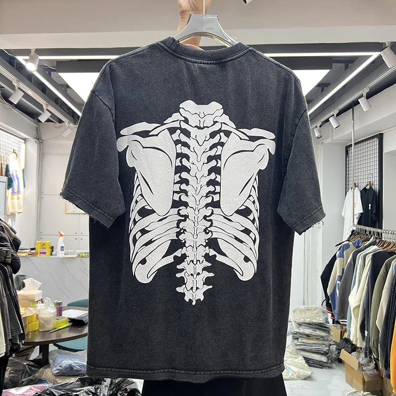 

Ghost Oversized Vintage Washed Skeleton Print T-Shirt Men Women Best Quality Summer Style T Shirt Tops Tee