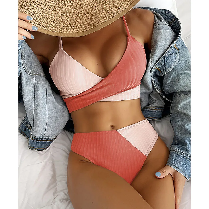 womens swimwear High Waist Feminine Bikinis Patchwork Swimwear Ribbed Women's Swimsuit 2022 Cross Wrap Beachwear Push Up Biquini Bathing Suits high leg bikini set