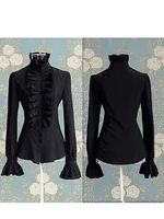 Mode victorienne femmes hauts volants à manches longues à volants couleur unie OL bureau chemise froufrous poignets col haut Blouse automne hauts 6