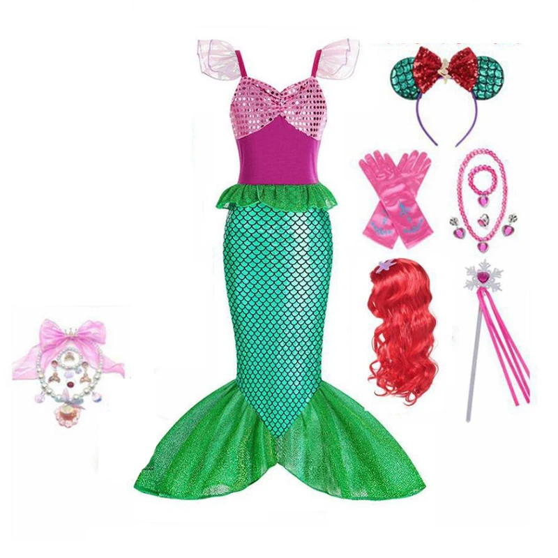 

New Mermaid Pricess Dress Green Sequin Strap Bodycon Maxi Dresses Sets Festival Children Cosplay Perform Vestidos Accessories