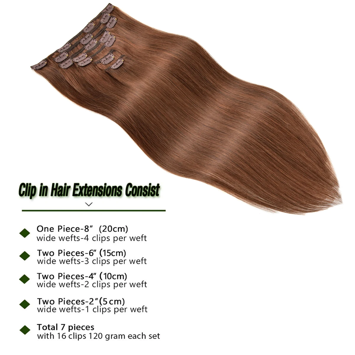 Clip in Real Human Hair Extensions 7Pcs 16 Seamless Clips Chestnut Brown Remy Hair Straight Clip ins Chocolate Extensions