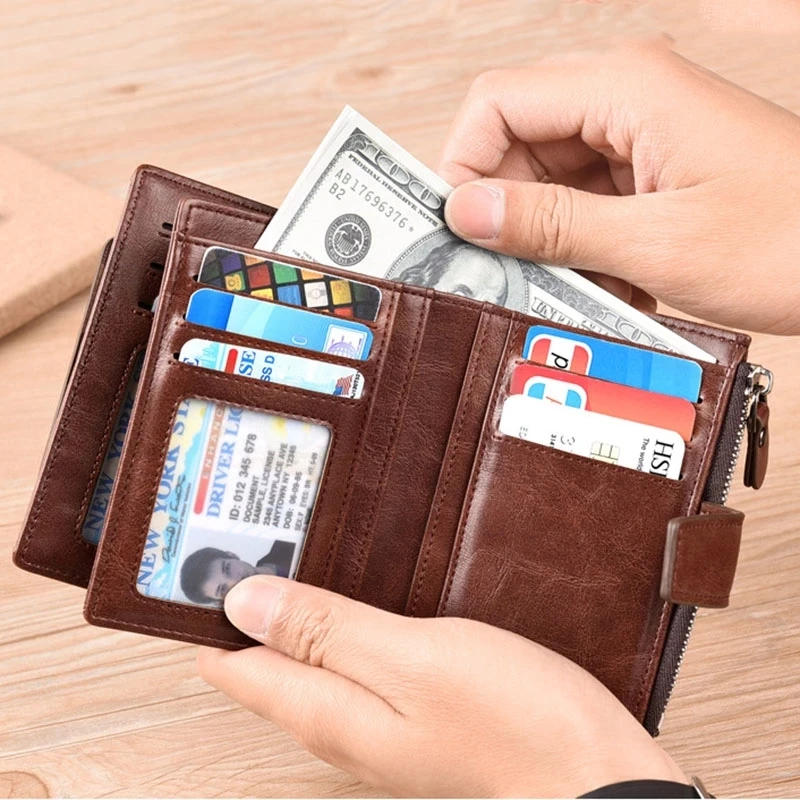 Men's Genuine Leather Wallet Vintage Short Multi Function Business Card  Holder RFID Blocking Zipper Coin Pocket Money Clip - AliExpress