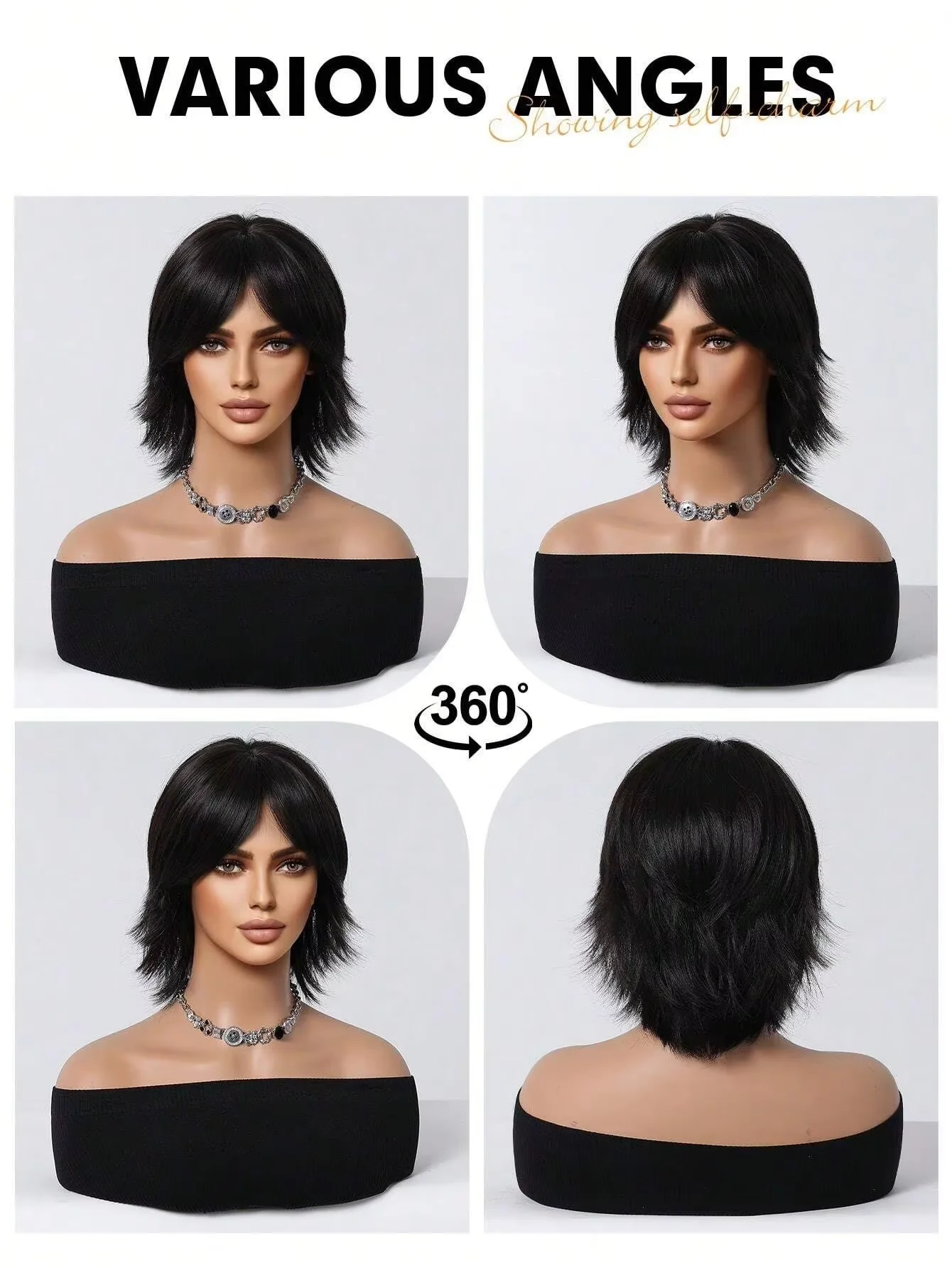 12 inch short salmon head wig with bangs, women's short straight black synthetic wig, party elf cut short wig