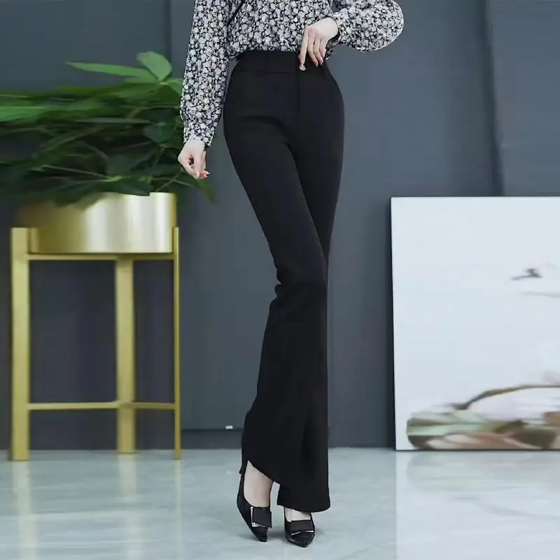 여성 하이웨이스트 슬림 플레어 팬츠, 단추 포켓, 클래식 통근 한국 바지, 단색 패션, 용수철 가을