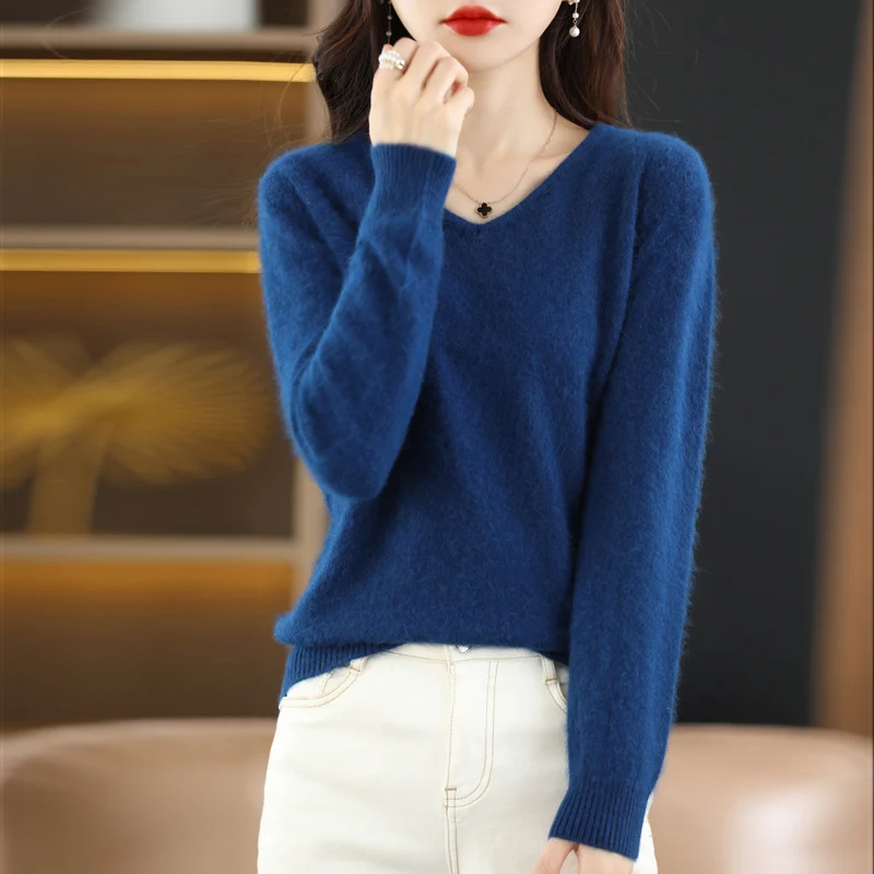 BELIARST 2024 Autumn Winter New Women's Clothing Sweater 100% Mink Cashmere Velvet V-Neck Pullover Knitted Large Size Tops 4