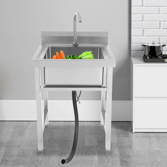Freestanding Stainless Steel Kitchen Sink Rectangular with Stable Bracket Design and Drain Pipe 60 x 60 x 93 cm 5