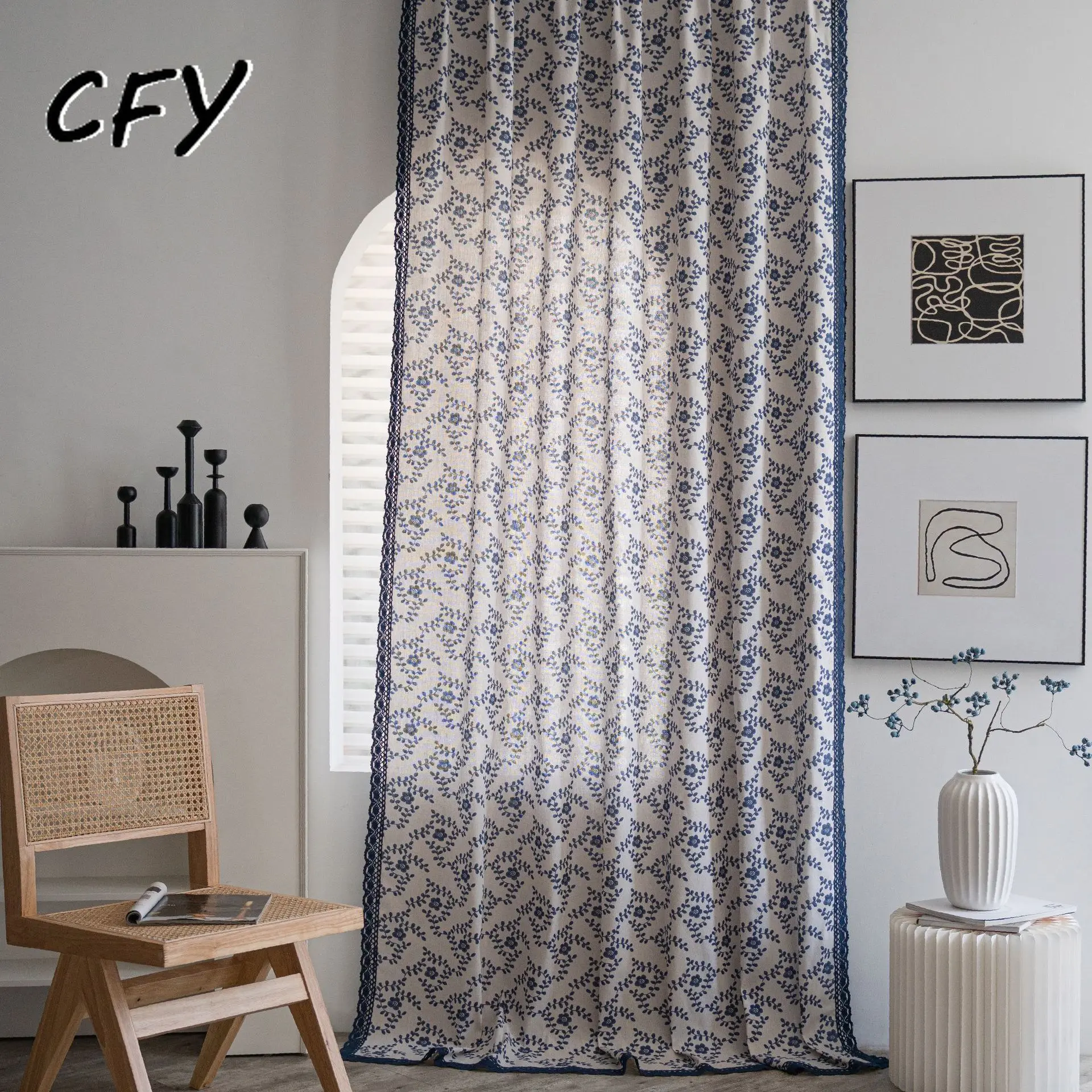 

Cotton Linen Blue Plum Prints Curtain Thick with Tassels Curtains for Living Room Kitchen Valance for The Luxury Living Room
