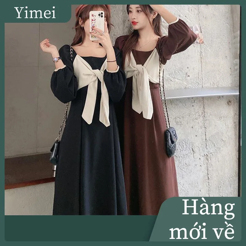 

yihua Pretty Korean Style Square Neck Long Sleeve Dress With Bow, Korean Style