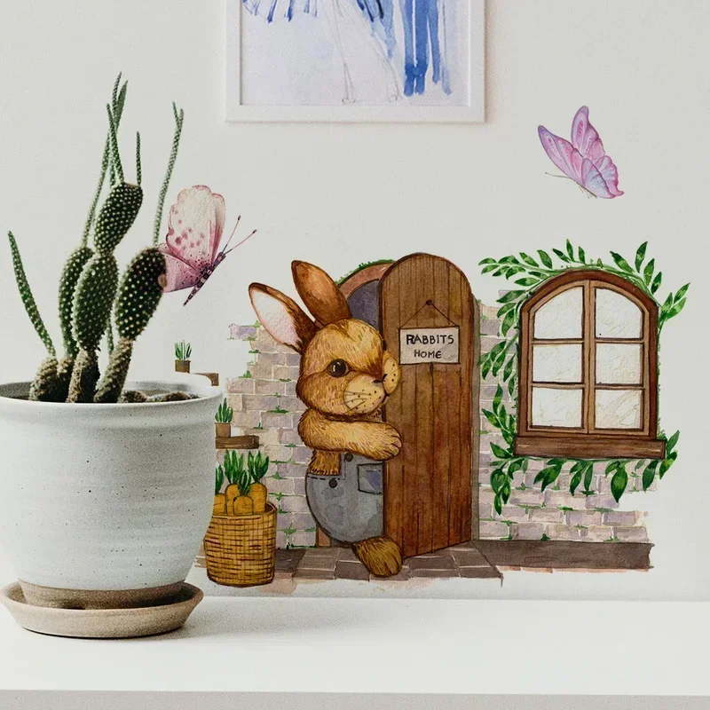 New Creative Hare Cute Bunny Butterfly Wall Sticker Breaking Out The Door Living Room Bedroom Creative Decorative Wall Sticker