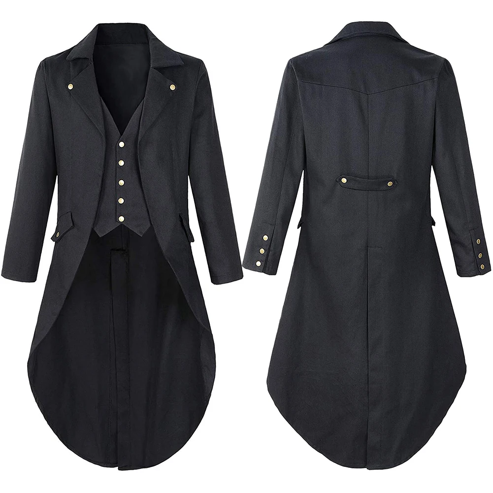 

New Men's Halloween Tuxedo Gothic Long Jacket Coat Steampunk Tailcoat Halloween Medieval Costume Frock Trim Fit Trench Coats