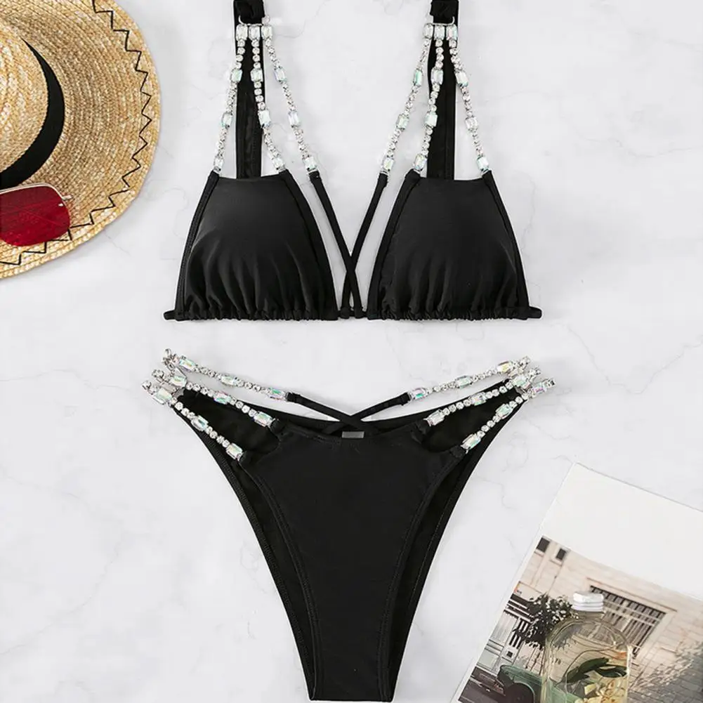 

Elegant Swimwear Rhinestone Decor Women's Swimsuit Set with Hollow Out Design High Waist Bikini Set with Padded for Wading