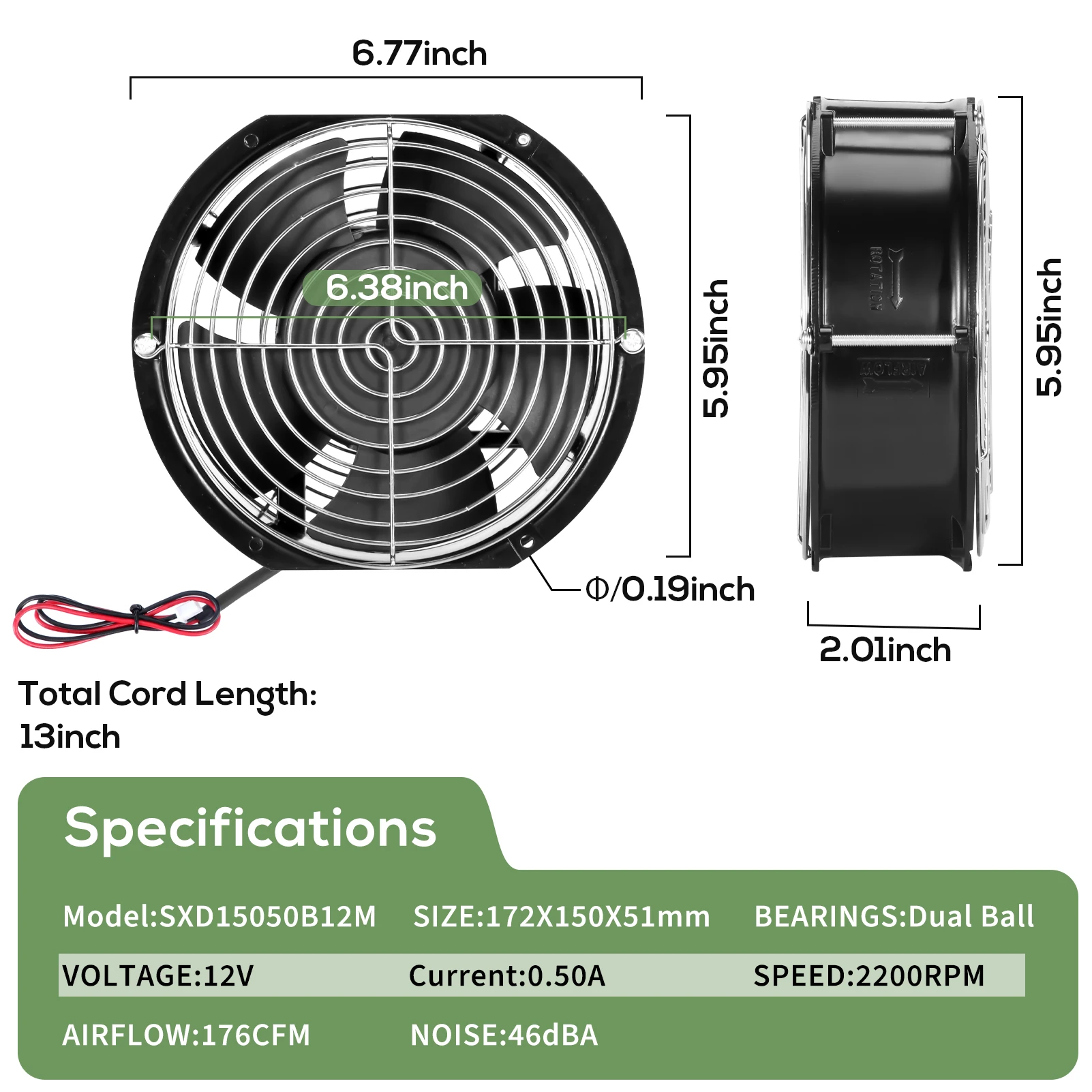 Grande Fluxo de ar Rpm Armários Industriais Ventilador de Refrigeração Case Bola Dupla Novo 172 mm 17cm Sxd15050b12m 172x150x51 mm dc 12v 176cfm - Imagem 4