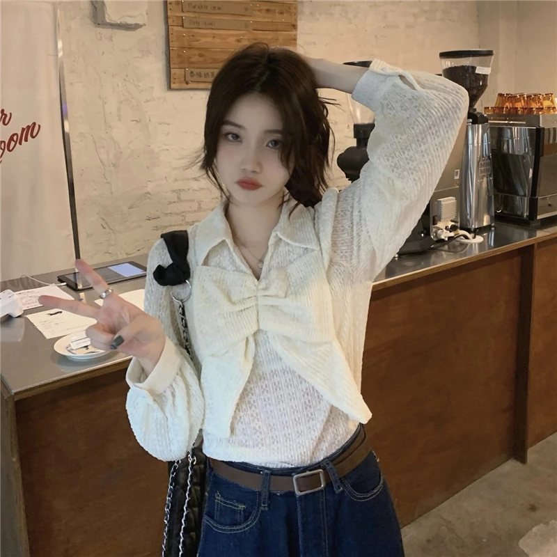 

2022 Autumn Winter New Women's Shirt Korean Lace Lapel Bowknot Long Sleeve Popular Design Fashion Versatile Free Shipping