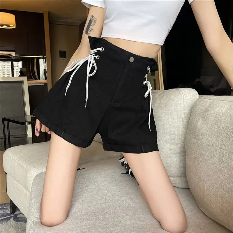 Tie Rope Waist Design Feeling Denim Shorts for Women's Oversized Slimming High Waisted Loose Summer Thin Wide Leg Pants