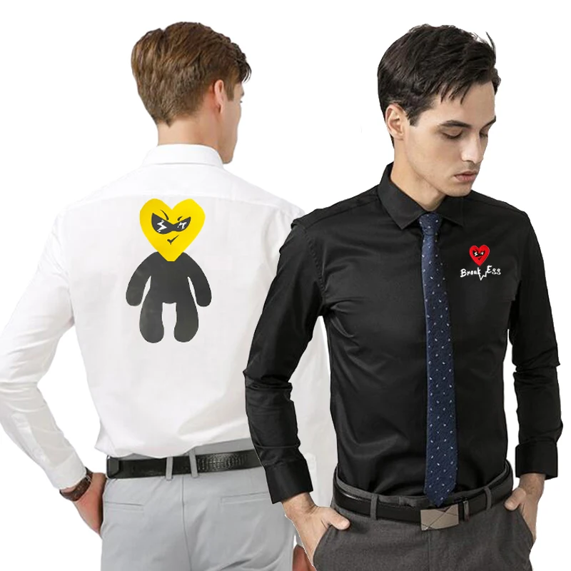 

Break Egg Shirt Men Heart Glasses Embroidery Back Cartoon Men Print Polyester Lapel Single-breasted Long-sleeved Casual Shirt