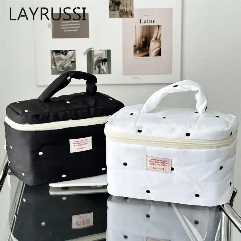 

Layrussi Women Cosmetic Bag Retro Black And White Polka Dot Makeup Bag Storage Bag For Female Girls Portable Large Capacity Bag