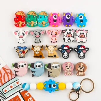 DIY 쥬얼리 제작용 만화 실리콘 비즈, 공룡 소 야크 돼지 호랑이 비즈, 쥬얼리 팔찌 액세서리, 5 개, 10 개, 신제품