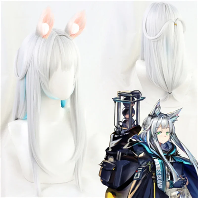 

Arknights Rosmontis Cosplay Wig Silver Blue Mixed Color with Ears Heat Resistant Synthetic Hair Halloween Carnival Party