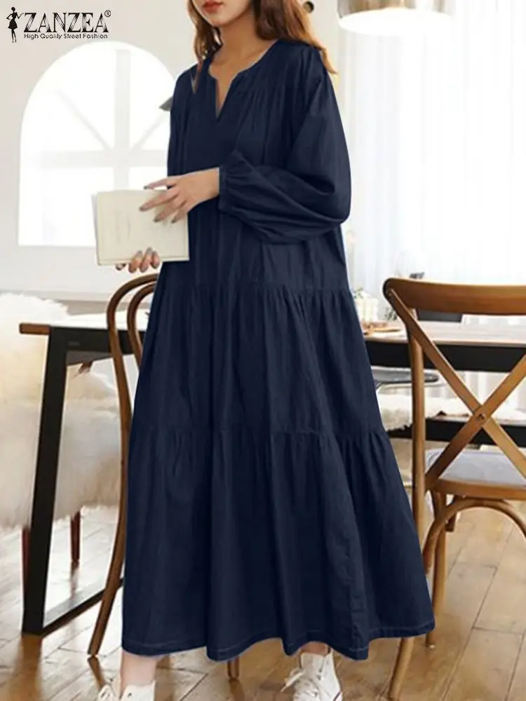 Zanzea Oversize Donna Denim Abiti Lunghi Moda Scollo A V Abiti Solidi Moda Coreana Abiti A Maniche Lunghe Abiti Casual Autunnali