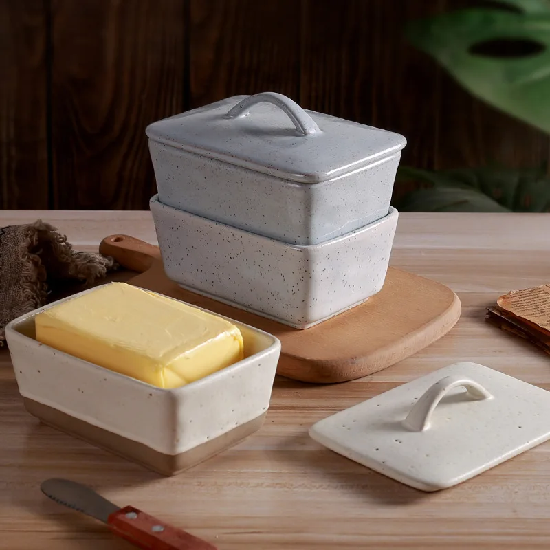 Vintage Ceramic Butter Box with Lid Square Butter Box Western Style Kitchen Supplies Desktop Coarse Pottery Tableware