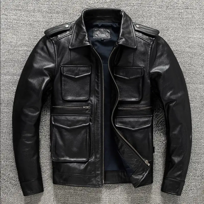 Military M65 Jackets For Men Heavy Black Genuine Leather Jacket Lapel ...