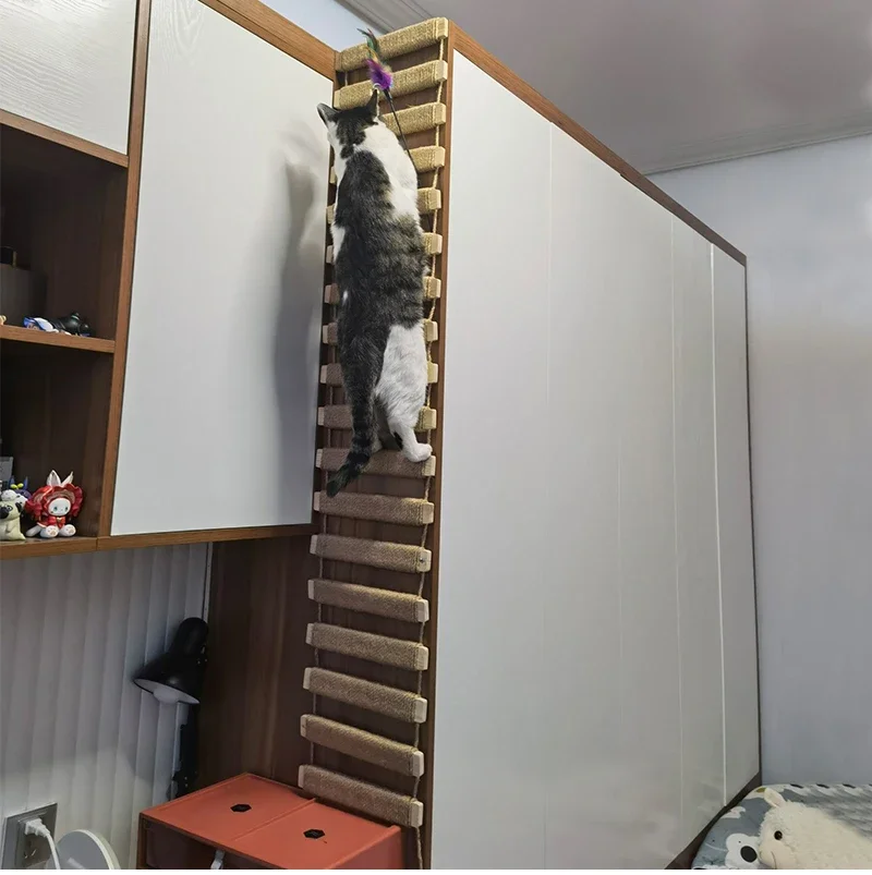 Wall-Mounted Cat Activity Center - Wooden Sisal Scratcher & Climbing Bridge with Rope Steps and Ladder
