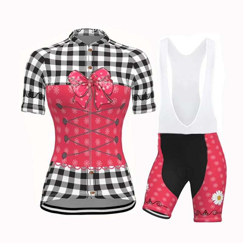 Women Cycling Jersey Set Bow Plaid Shirt Road Bike Jersey Breathable Mtb Wear Clothing Cycling Shorts Kit