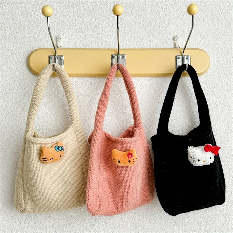 

Hello Kitty Sanrio Anime Kawaii Handbag Cute Cartoon Knitted Plush Shoulder Bag Women's Fashion Underarm Bag Commuter Package