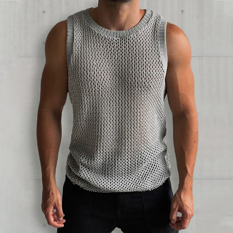 цена Men's Sleeveless Sweater 2023 Summer New Solid Color Round Neck Sleeveless Hollow Knit Vest