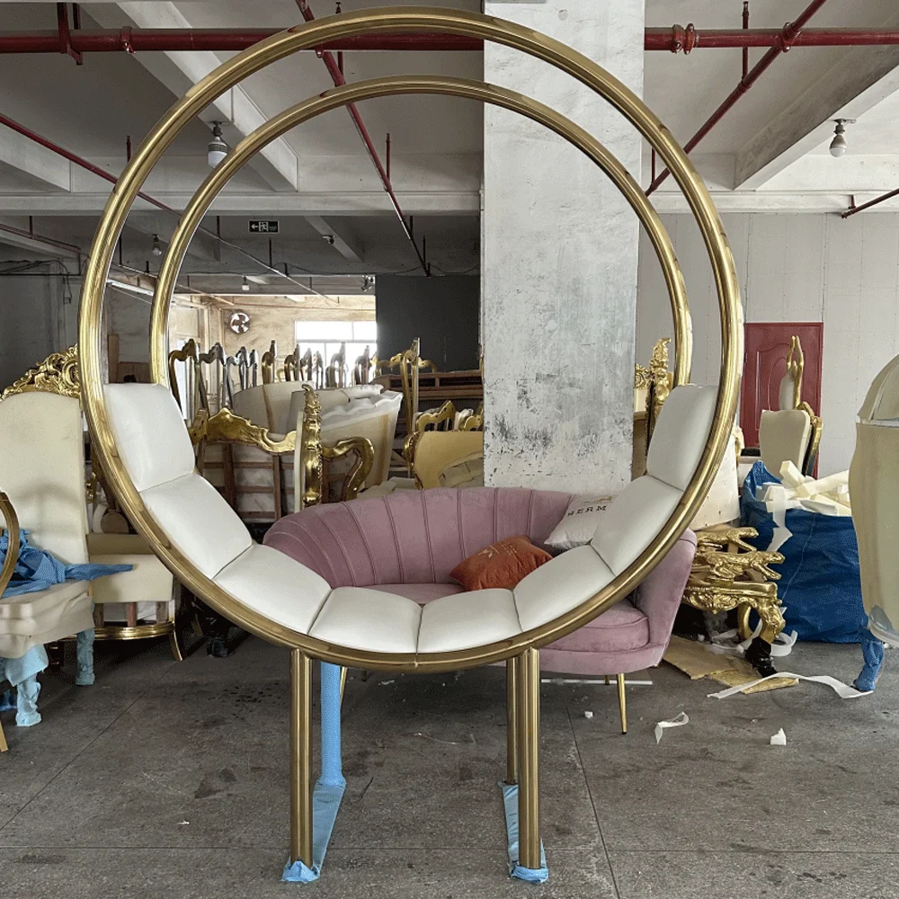 Luxury Wedding Furniture Gold Love Double Seat Sofa Chair Stainless steel Moon Circle Leather Cushion Sofa For Event