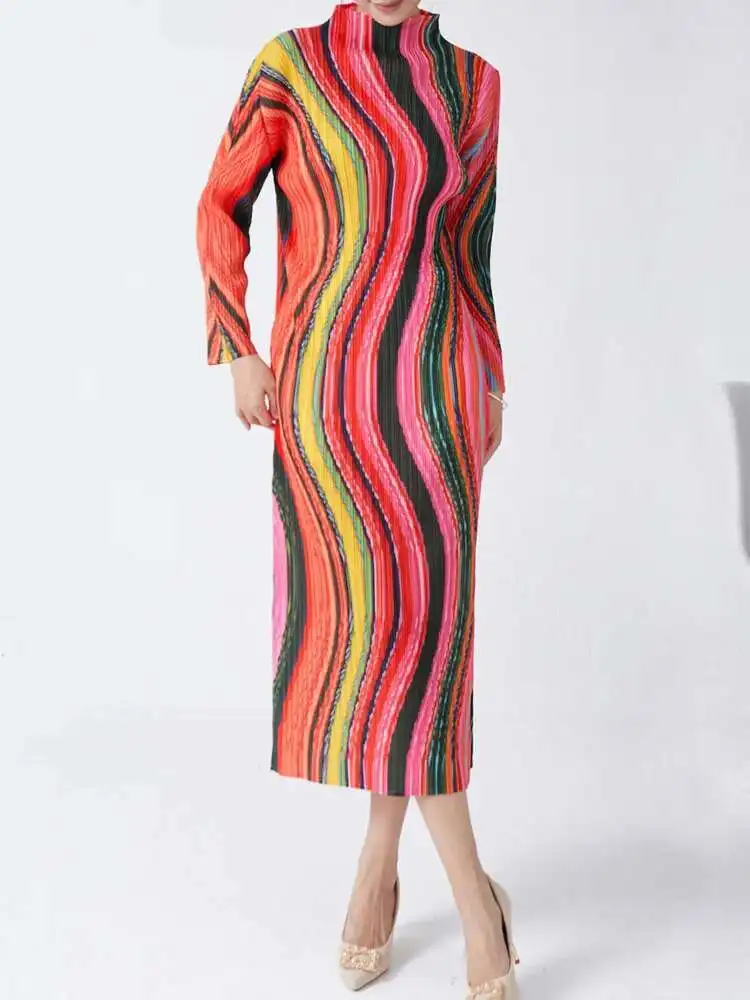 LANMREM High Collar Long Sleeve Women Dresses Contrast Color Striped Pleated Slim Mid-Calf Elegant Fashion Clothing New 2DC1022 - Image 3