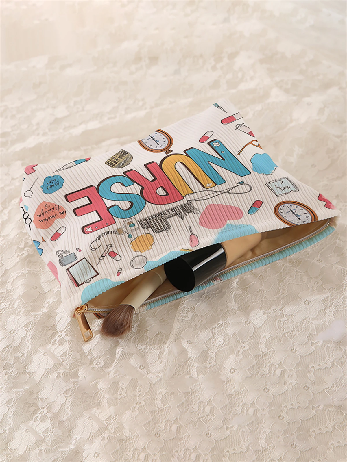 1 medical supplies patterned corduroy zipper makeup bag, lightweight and multifunctional makeup storage bag