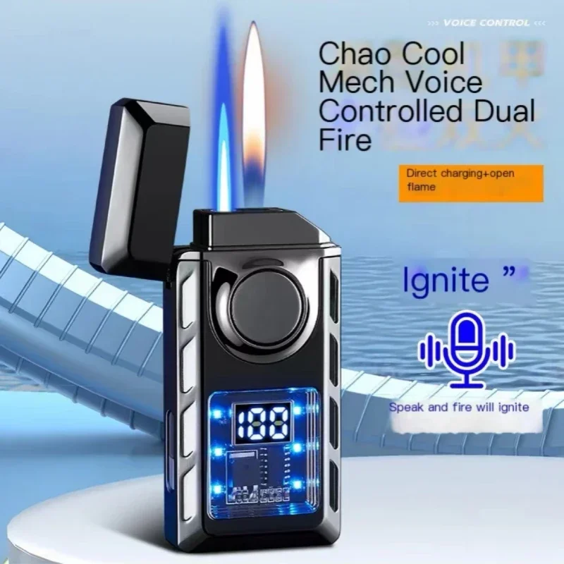 Creative Voice Controlled Ignition Gas Lighter Color Light Battery Display Open Fire Switching Jet Fire USB Electric Lighters 2