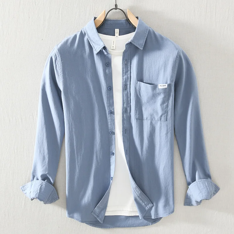 

2022 Spring Mens 100% Cotton Shirts For Men Basic Lapel Long Sleeve Casual Shirt with Pocket Top Quality