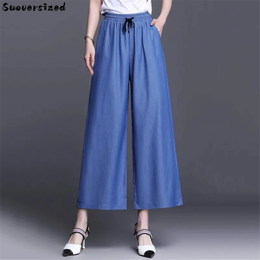 Blue Thin Oversize 5xl Baggy Jeans Denim Trousers Women Capris Elastic High Waist Wide Leg Pants Casual Vaqueros Korean Pantalon