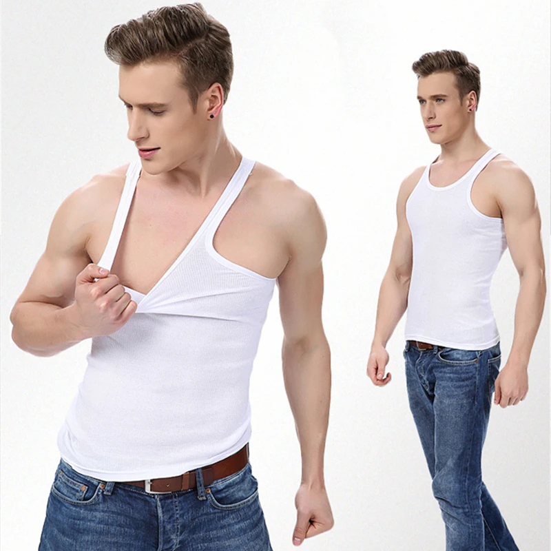 Men's All Cotton Undershirt Solid Color Seamless Underwear Close-fitting Broad Shoulders V Neck Vest Comfortable T-shirt