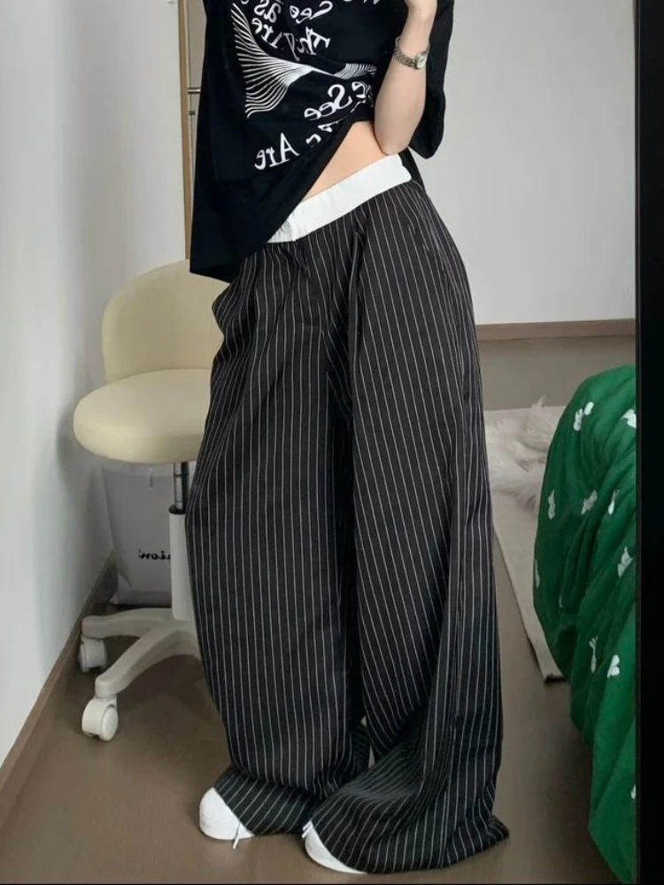 ADAgirl Black Stripe Tailored Trousers Women Y2k Korean Style Fashion Baggy Wide Leg Suit Pants Summer Harajuku Office Slacks