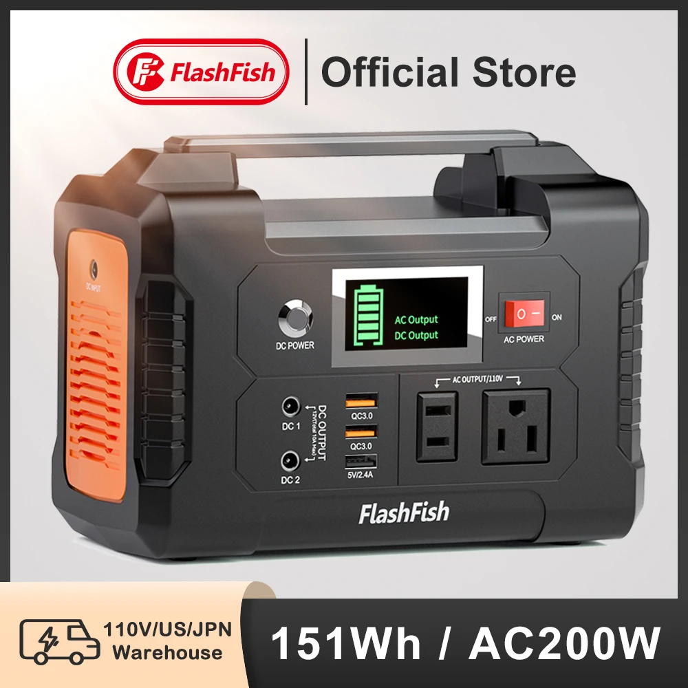 FF Flashfish 230V Portable Power Station AC 200W Solar Generator 151WH Outdoor Emergency Power Supply DC Battery Camera Drone