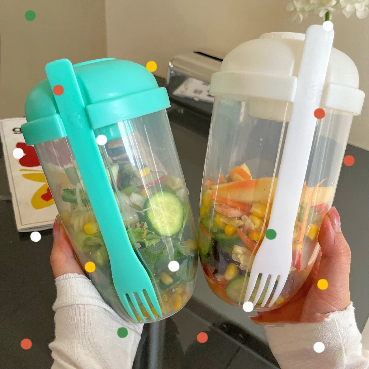 Portable Bottle Salad Container Breakfast Salad Bowl School Lunch Box Food Storage Bento Box Containers Kitchen Accessories 1L