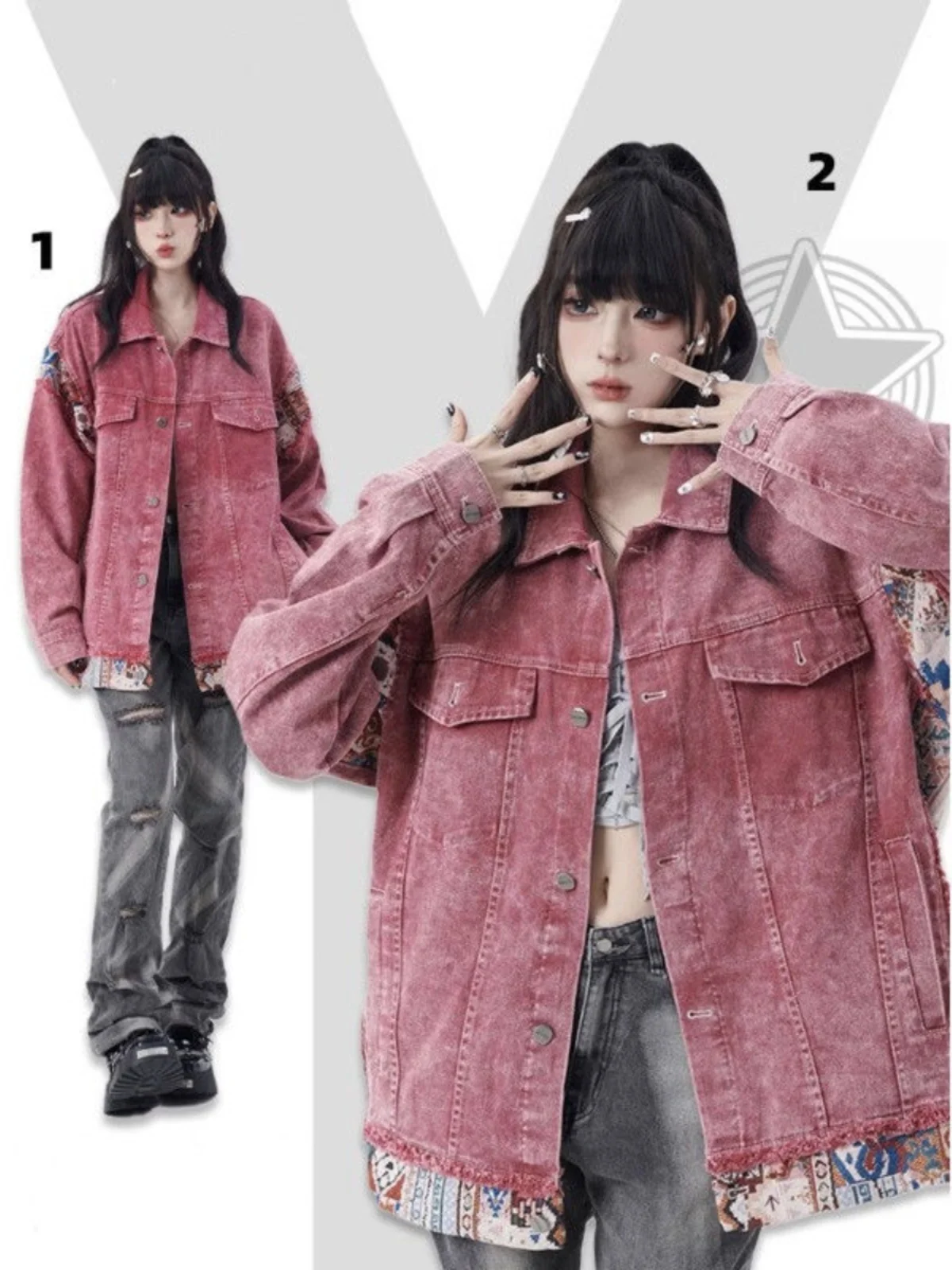 American Sweet Cool Pink Wash Splice Jean Jacket Unisex Style Ancient Couple Baseball Uniform Denim Coat