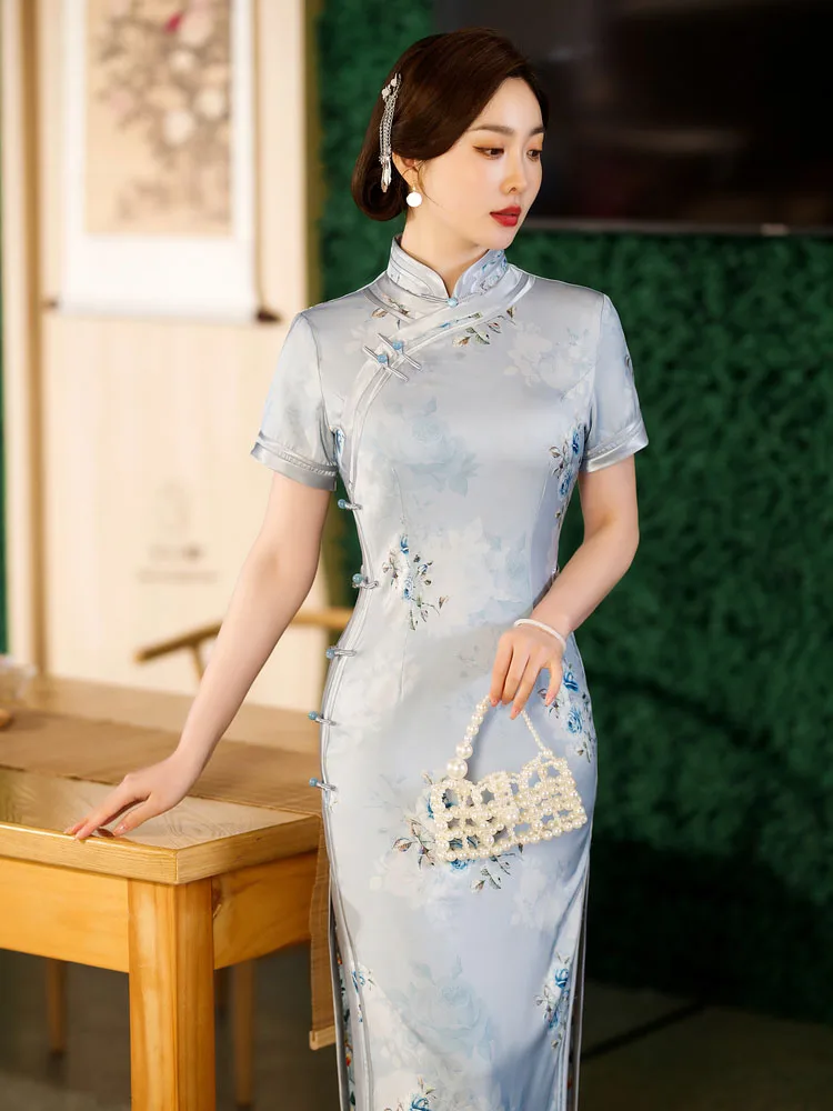 

Yourqipao Summer Long Slim Silk Light Blue Cheongsam Catwalk Banquet Party Retro Qipao Chinese Style Evening Dress for Women