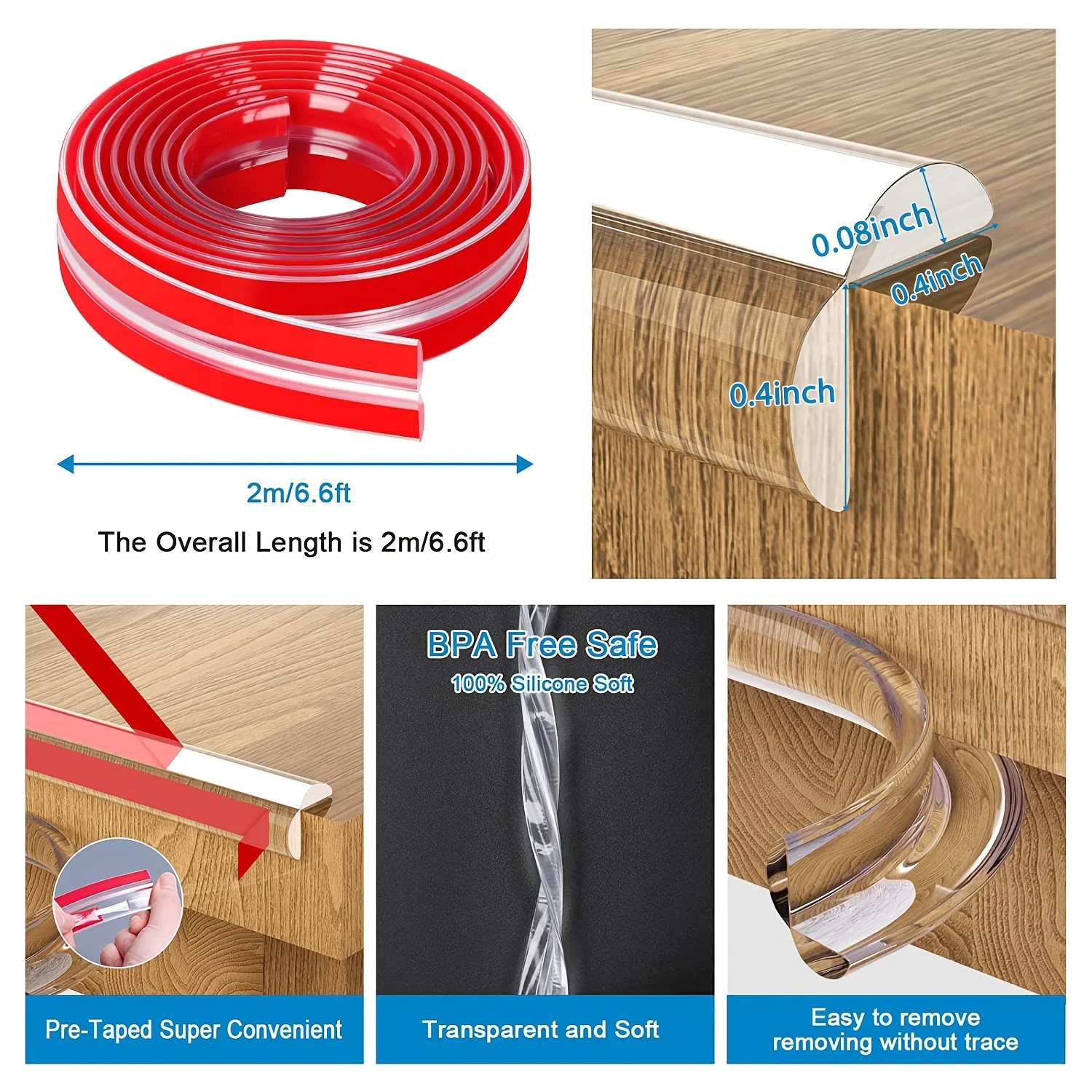 6.6ft Edge Protection Strips Thickened Silicone Soft Corner Protector Strips with Pre-bonded Strong Adhesive for Corner for Cabinets Tables and Drawers