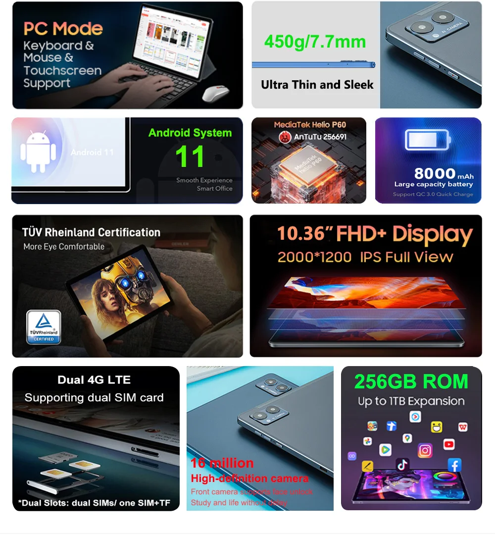 2025 Global Version 2 in 1 Tablet Laptop 4G SIM Card 10.36 Inch 2K Tablets Android 11 Octa Core 128GB 256GB ROM 16MP+8MP 2